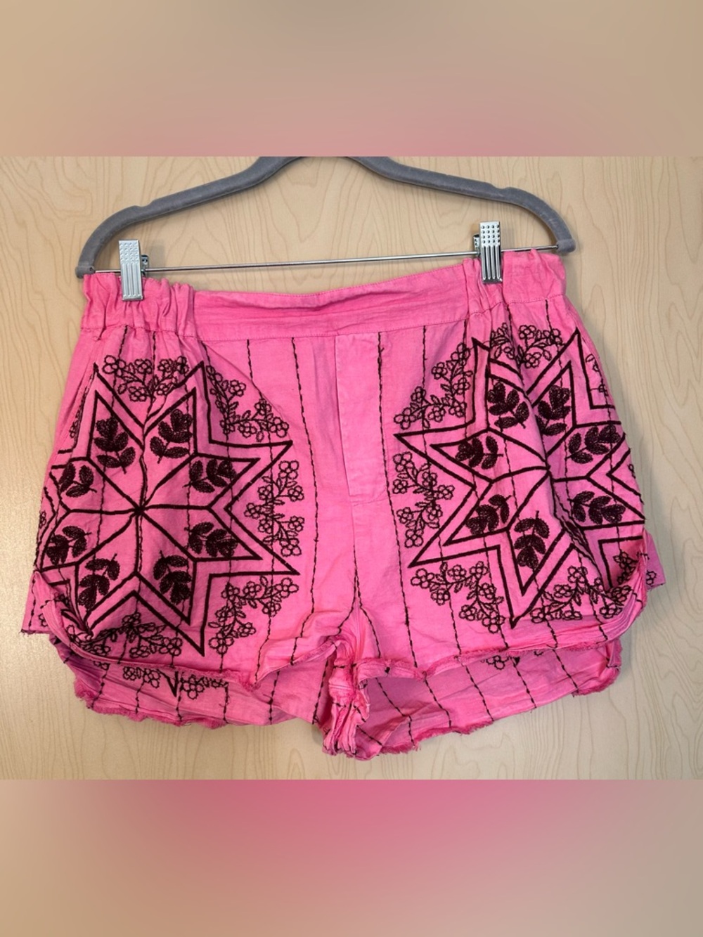 Free People Pink Embroidered Shorts Cotton Linen Blend
